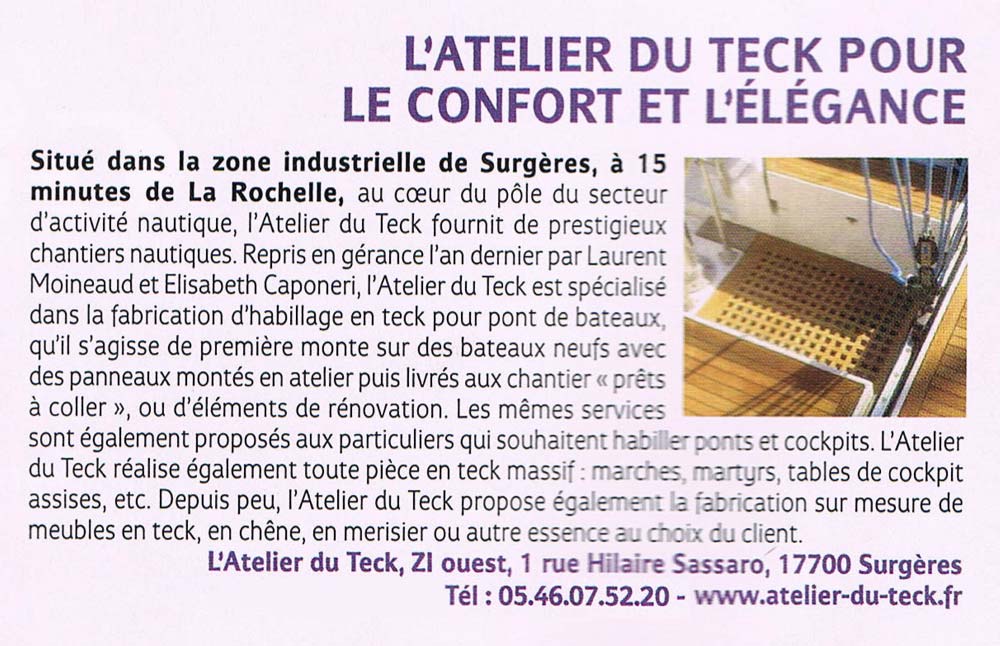 Article sur l'atelier du teck paru dans Voiles et Voiliers