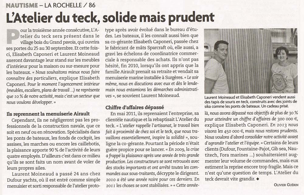 Article sur l'Atelier du teck paru dans Charentes Info